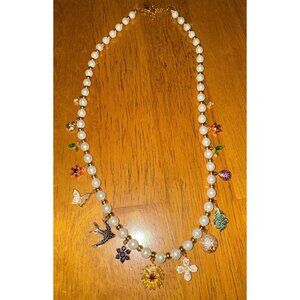 Necklace Gold Zirconia Loaded with Chunky Charms Bird Flower Leaf Beads, Pearls